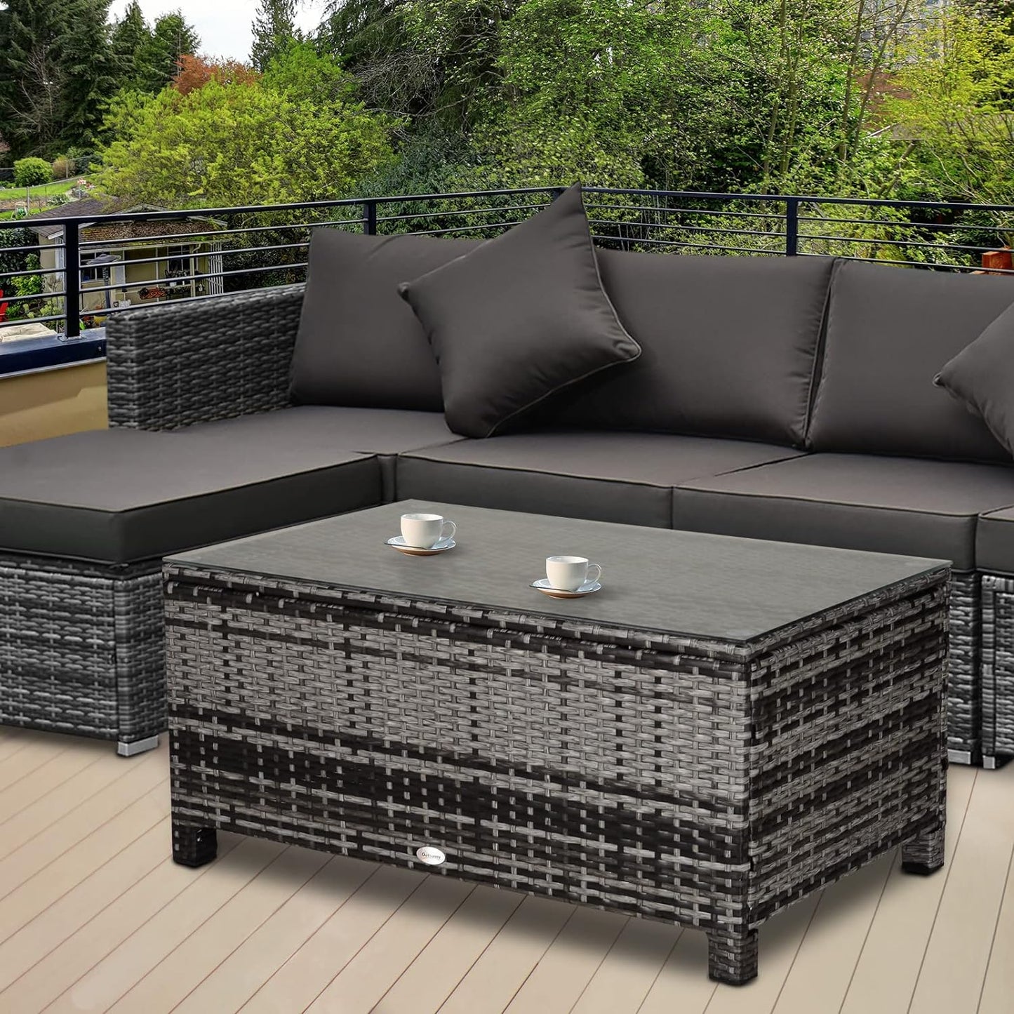 Outdoor PE Rattan Wicker Table, Patio Garden Side Table W/Glass Top for Patio, Balcony, Mixed Grey