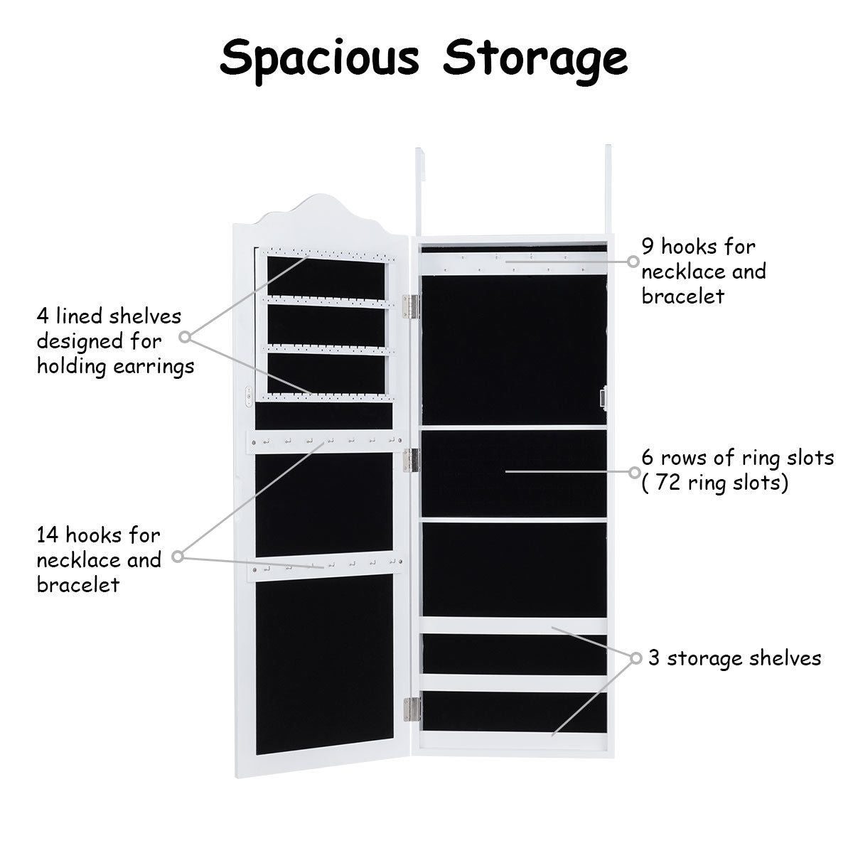 Wall Mounted Mirrored Jewelry Armoire Storage Cabinet