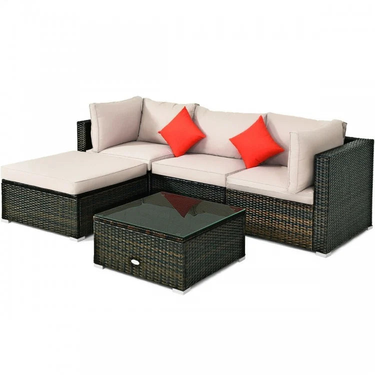 5 Pcs Outdoor Patio Rattan Furniture Set Sectional Conversation with Cushions