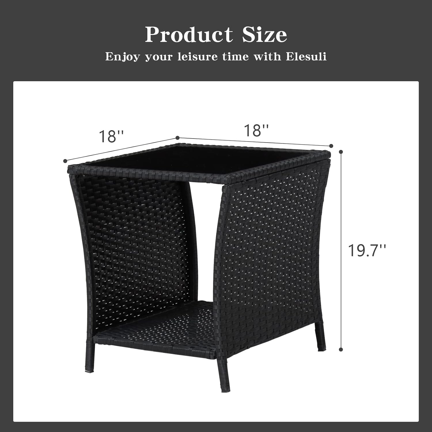 Wicker Rattan Side Table with Glass Top and Storage Bistro Woven Furniture Outdoor Patio Square End Tables Garden Porch Sofa Tables Black