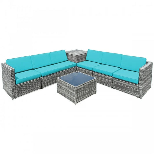 Ensemble de salle à manger en rotin et canapé en osier 8 pièces avec table de rangement - Turquoise