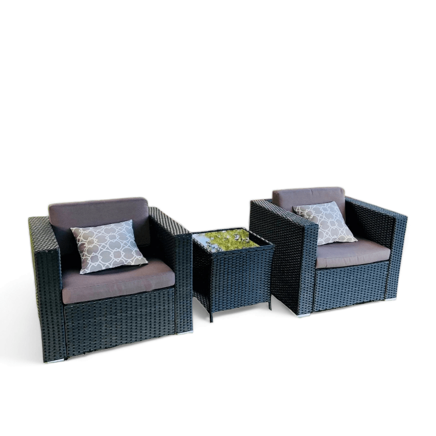 3 Piece Wicker Patio Set, 3-Piece Outdoor Set, Club Chairs and Tempered Glass Coffee Table