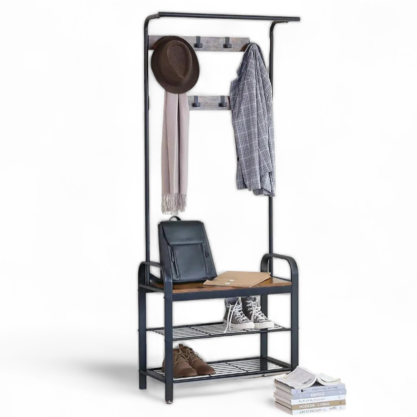 Coat Rack with Bench, Conquer Clutter with the 4-in-1 Hall Tree.