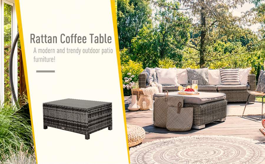 Outdoor PE Rattan Wicker Table, Patio Garden Side Table W/Glass Top for Patio, Balcony, Black or Grey