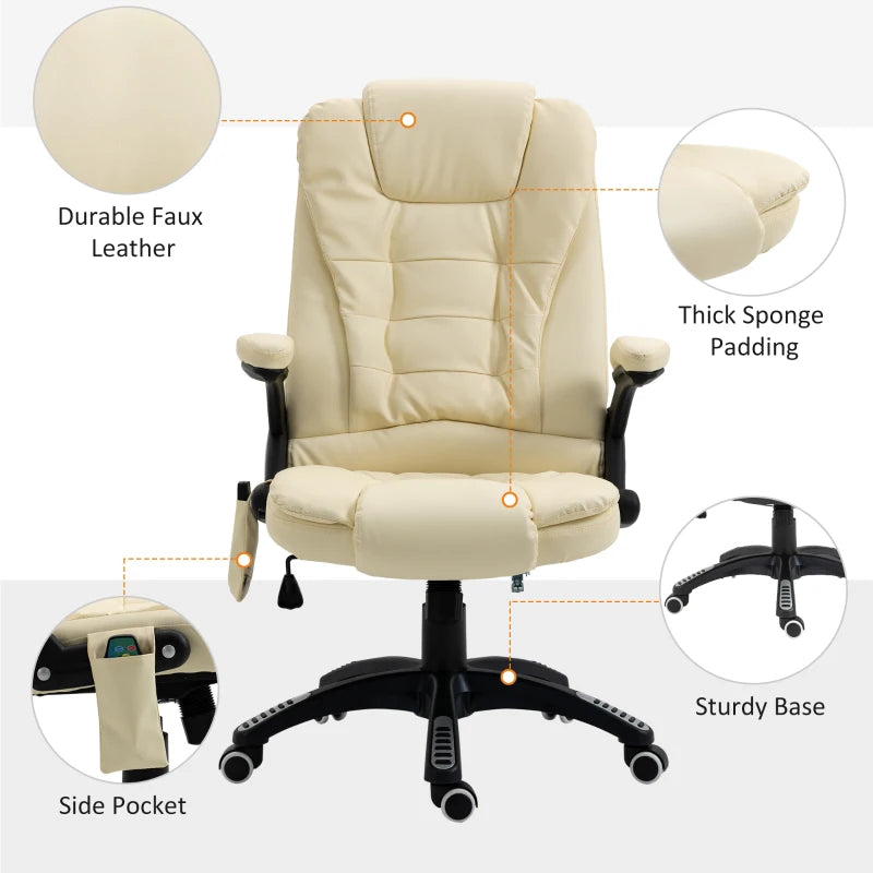 HOMCOM Heated Ergonomic Office Chair: Adjustable, Massage, Swivel, Vibrating, High Back Leather Executive, Beige | Nest Vibe