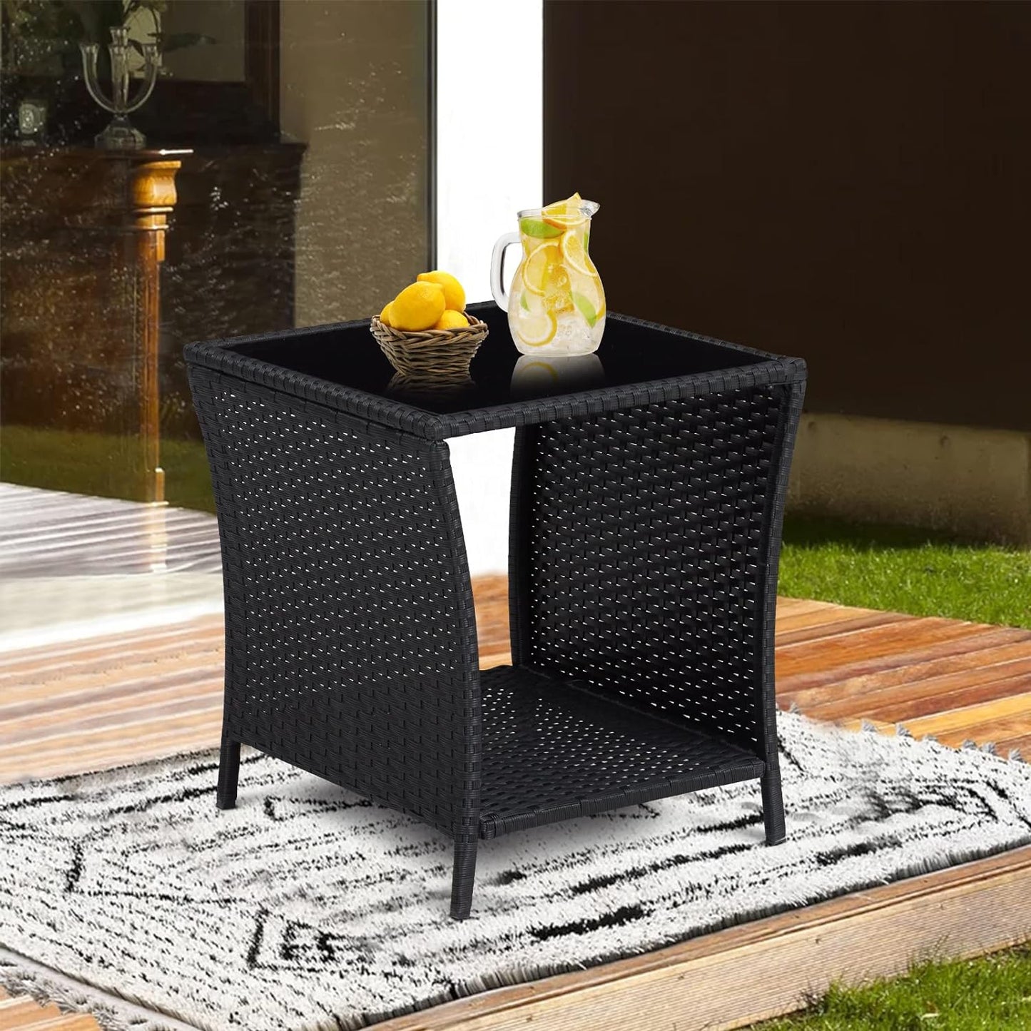 Wicker Rattan Side Table with Glass Top and Storage Bistro Woven Furniture Outdoor Patio Square End Tables Garden Porch Sofa Tables Black