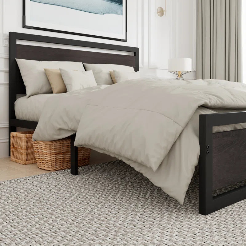 Marilee Wood and Black Metal Frame Bed with Headboard