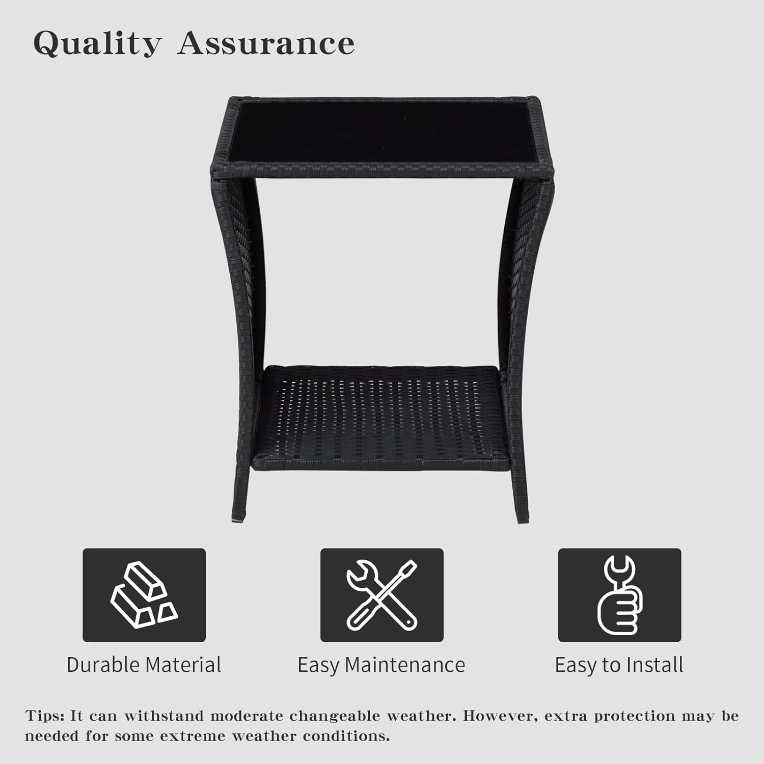 Wicker Rattan Side Table with Glass Top and Storage Bistro Woven Furniture Outdoor Patio Square End Tables Garden Porch Sofa Tables Black