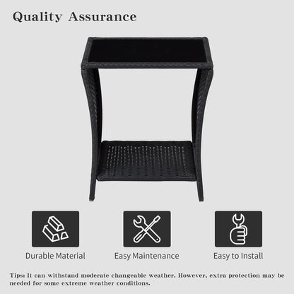 Wicker Rattan Side Table with Glass Top and Storage Bistro Woven Furniture Outdoor Patio Square End Tables Garden Porch Sofa Tables Black