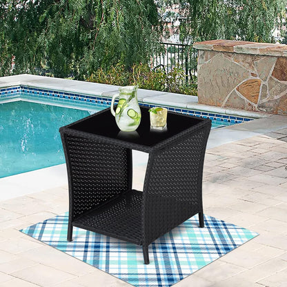 Wicker Rattan Side Table with Glass Top and Storage Bistro Woven Furniture Outdoor Patio Square End Tables Garden Porch Sofa Tables Black