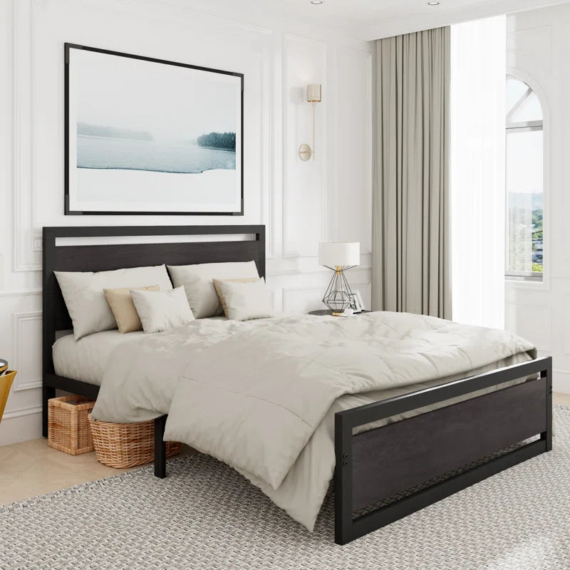 Marilee Wood and Black Metal Frame Bed with Headboard