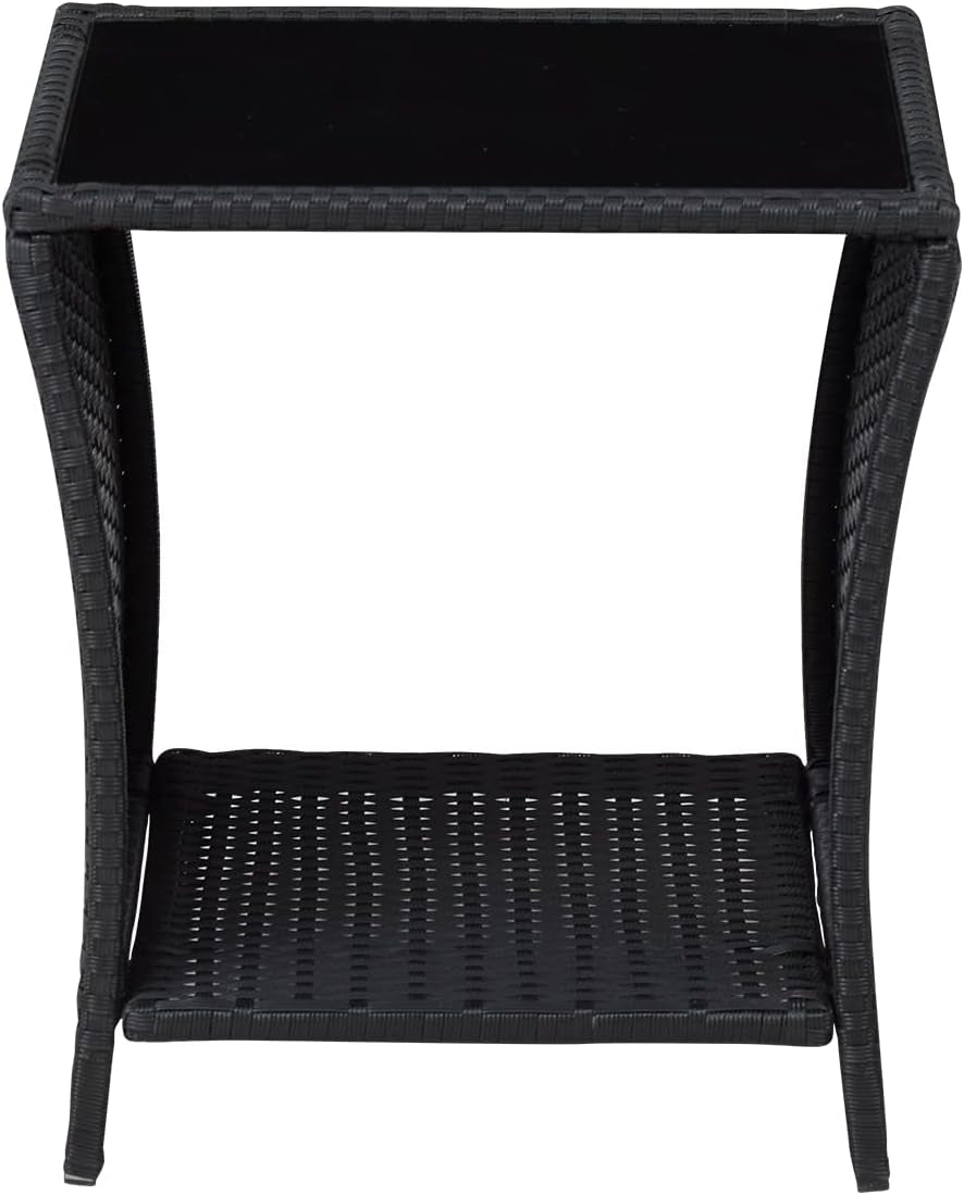 Wicker Rattan Side Table with Glass Top and Storage Bistro Woven Furniture Outdoor Patio Square End Tables Garden Porch Sofa Tables Black