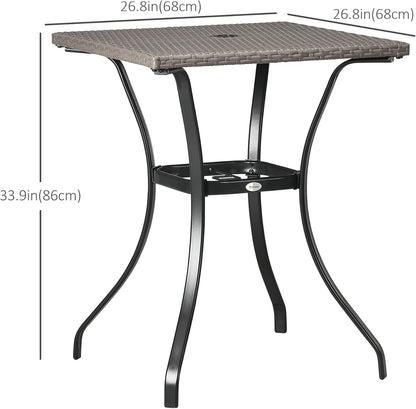 Patio Wicker Dining Table with Umbrella Hole, Outdoor PE Rattan Coffee Table with Plastic Board under the Woven Table Top for Patio, Garden, Balcony, Light Grey