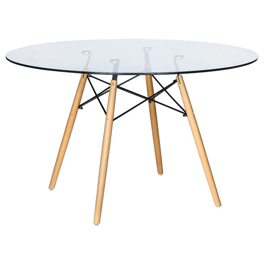 LM  Dover Round Glass Top Dining Table W/ Natural Wood Eiffel Base