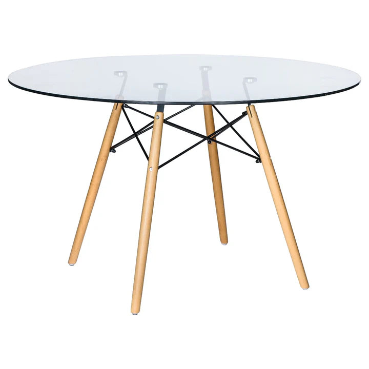 Table à manger ronde LM Dover avec plateau en bois et base Eiffel en bois naturel