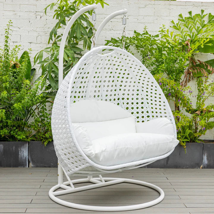 LM  White Wicker Hanging 2 person Egg Swing Chair