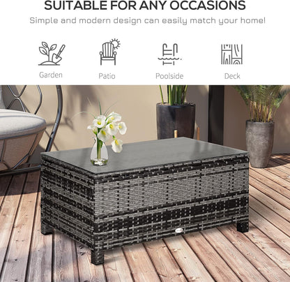 Outdoor PE Rattan Wicker Table, Patio Garden Side Table W/Glass Top for Patio, Balcony, Mixed Grey