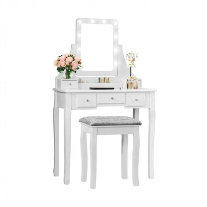 Vanity Dressing Table Set with 10 Dimmable Bulbs and Cushioned Stool