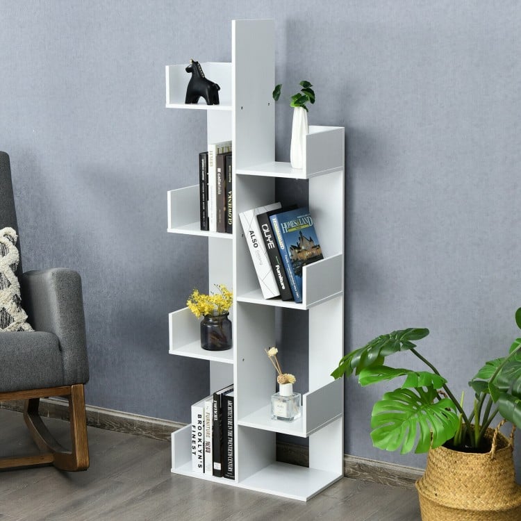 8-Shelf Industrial Tree-Shaped Bookshelf with Anti-Toppling Fitting