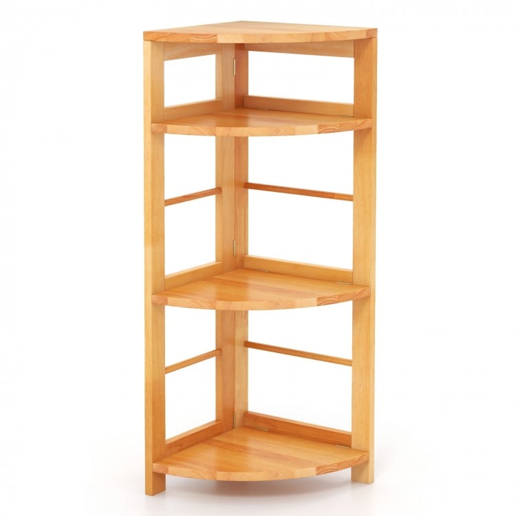 4-Tier Corner Shelf with Rubber Wood Frame and Anti-Toppling Kit