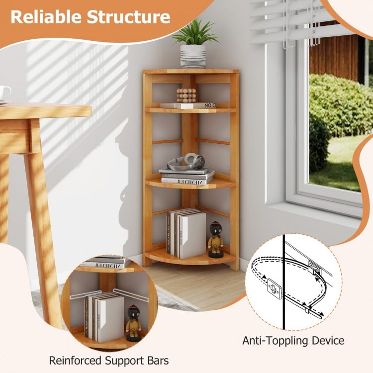 4-Tier Corner Shelf with Rubber Wood Frame and Anti-Toppling Kit