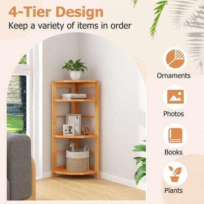 4-Tier Corner Shelf with Rubber Wood Frame and Anti-Toppling Kit