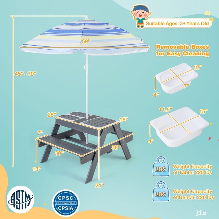 Kids Picnic Table Set with 3 Removable Bins