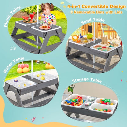 Kids Picnic Table Set with 3 Removable Bins