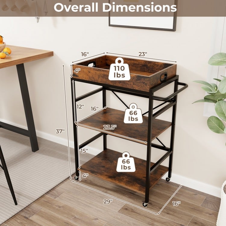 3-Tier Industrial Bar Cart with Detachable Tray for Kitchens