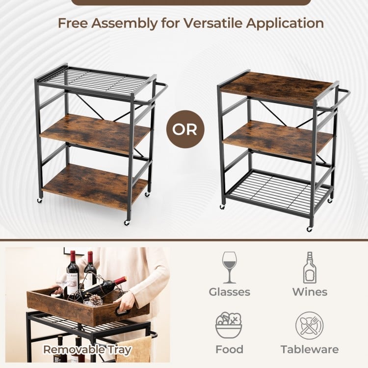 3-Tier Industrial Bar Cart with Detachable Tray for Kitchens