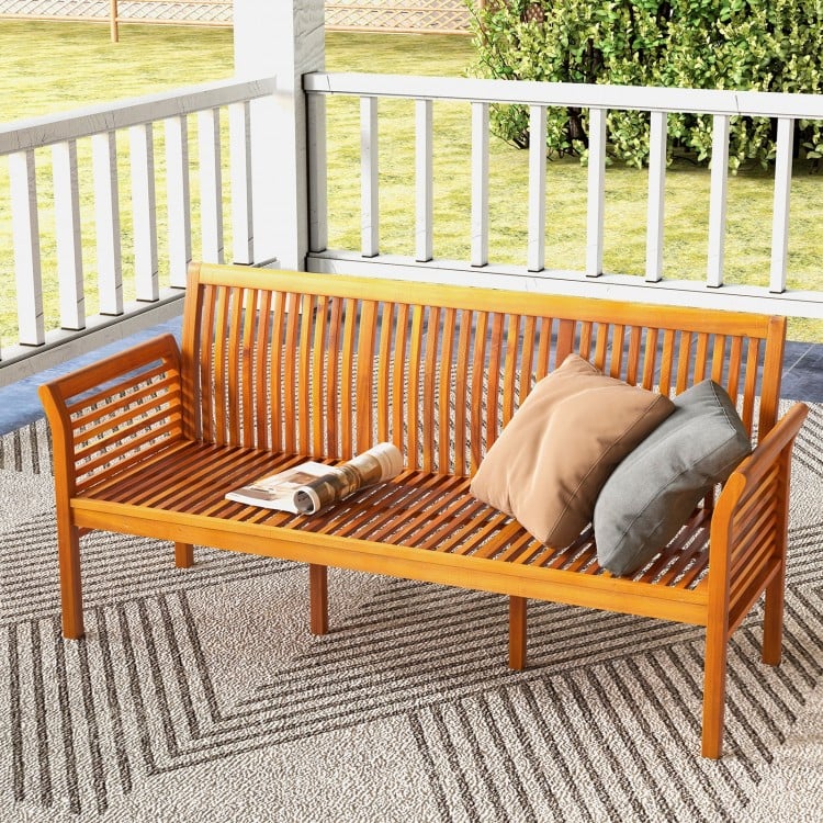 62.5 Inches Patio 3-Seat Wood Bench with Soft Seat Cushions