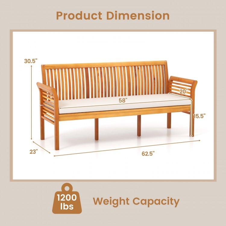 62.5 Inches Patio 3-Seat Wood Bench with Soft Seat Cushions