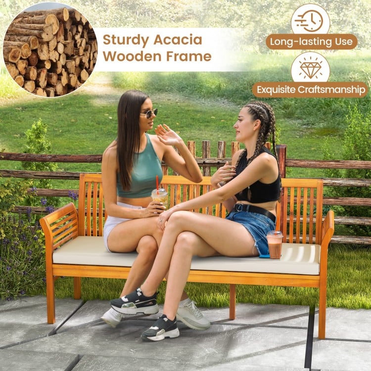 62.5 Inches Patio 3-Seat Wood Bench with Soft Seat Cushions