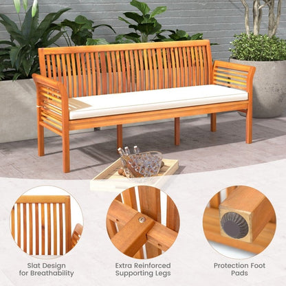 62.5 Inches Patio 3-Seat Wood Bench with Soft Seat Cushions