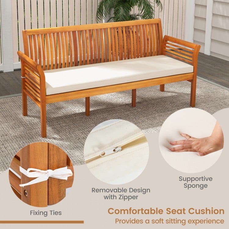 62.5 Inches Patio 3-Seat Wood Bench with Soft Seat Cushions