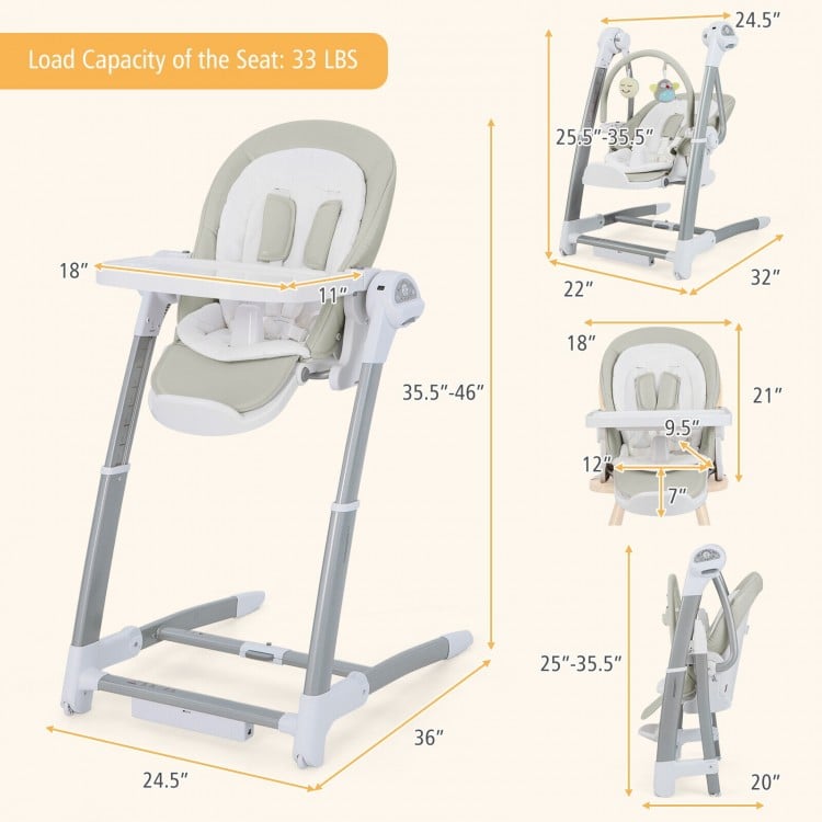 Chaise haute pliante pour bébé avec 8 hauteurs réglables et 5 dossiers inclinables