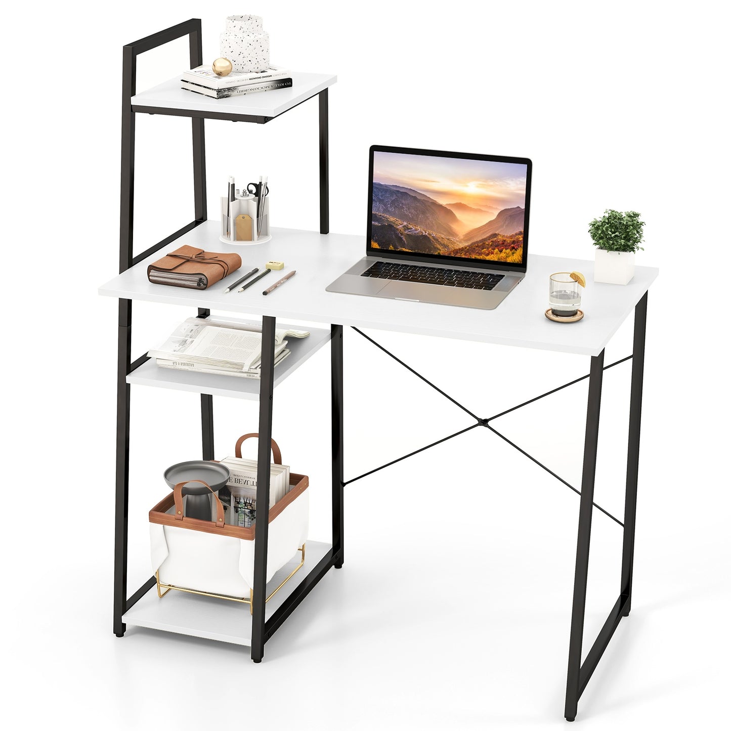 Bureau d'ordinateur compact avec 4 étagères à niveaux pour la maison et le bureau