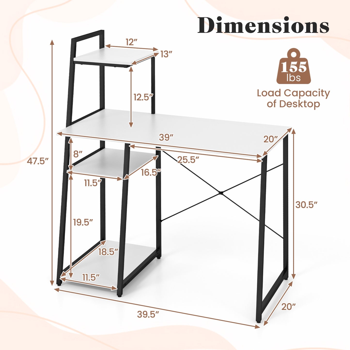 Compact Computer Desk Workstation with 4 Tier Shelves for Home and Office