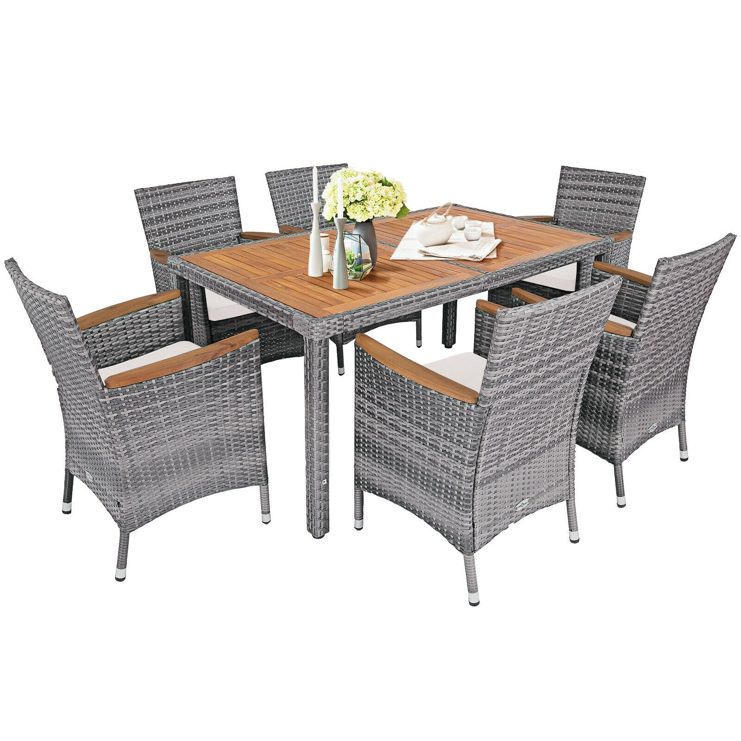 7 Pieces Patio Acacia Wood Cushioned PE Rattan Wicker Dining Set