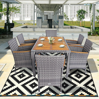 7 Pieces Patio Acacia Wood Cushioned PE Rattan Wicker Dining Set