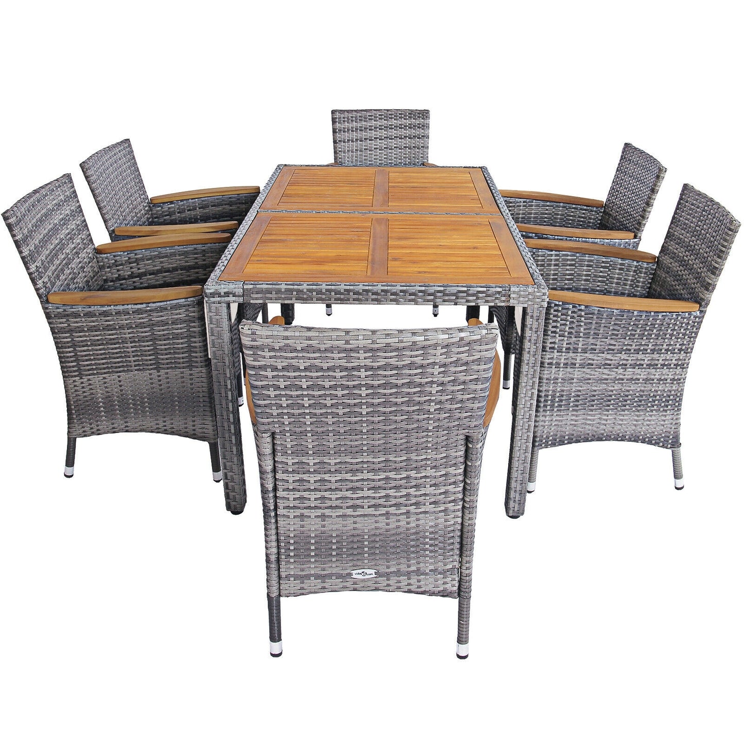 7 Pieces Patio Acacia Wood Cushioned PE Rattan Wicker Dining Set