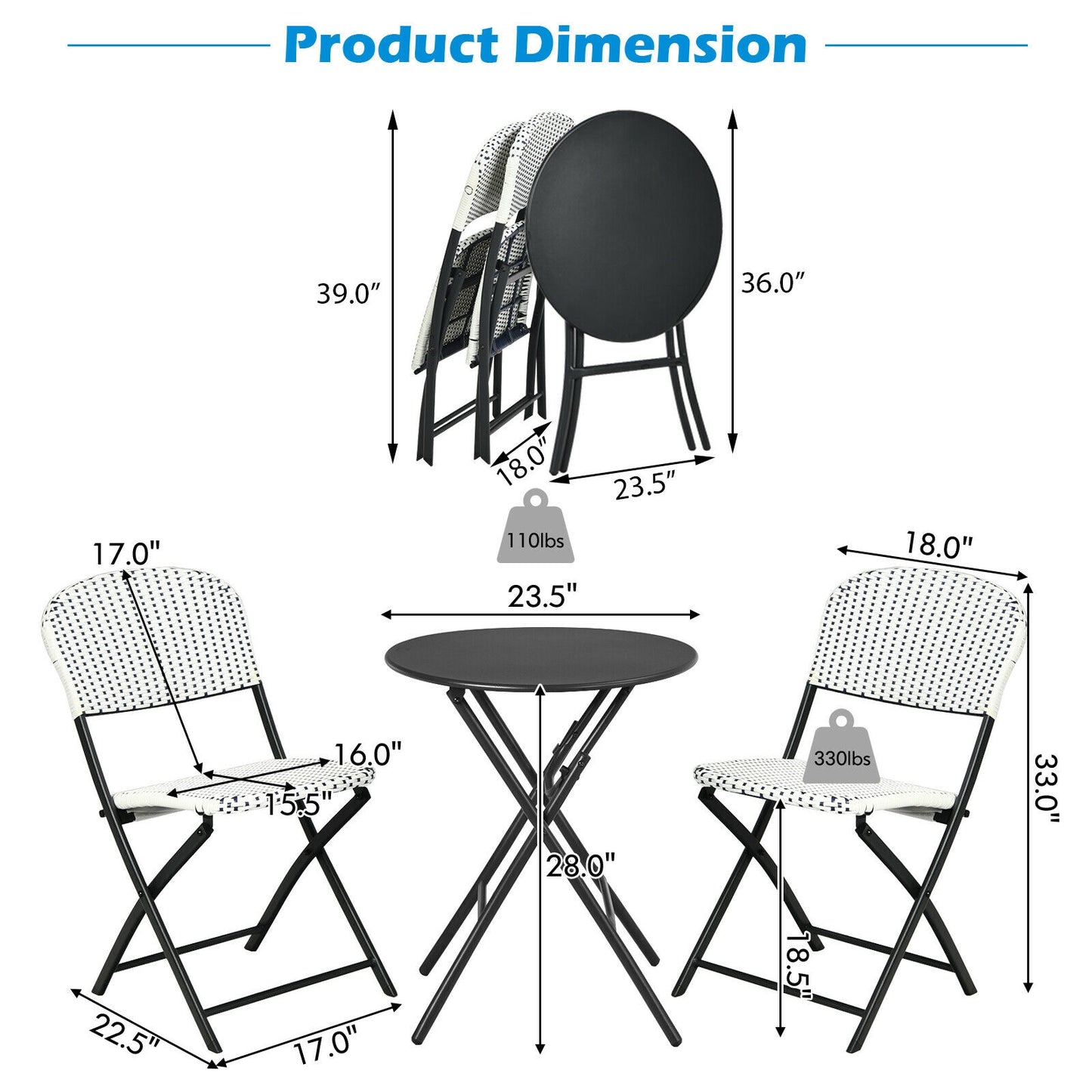 Ensemble de bistrot en rotin 3 pièces avec table à manger ronde et 2 chaises