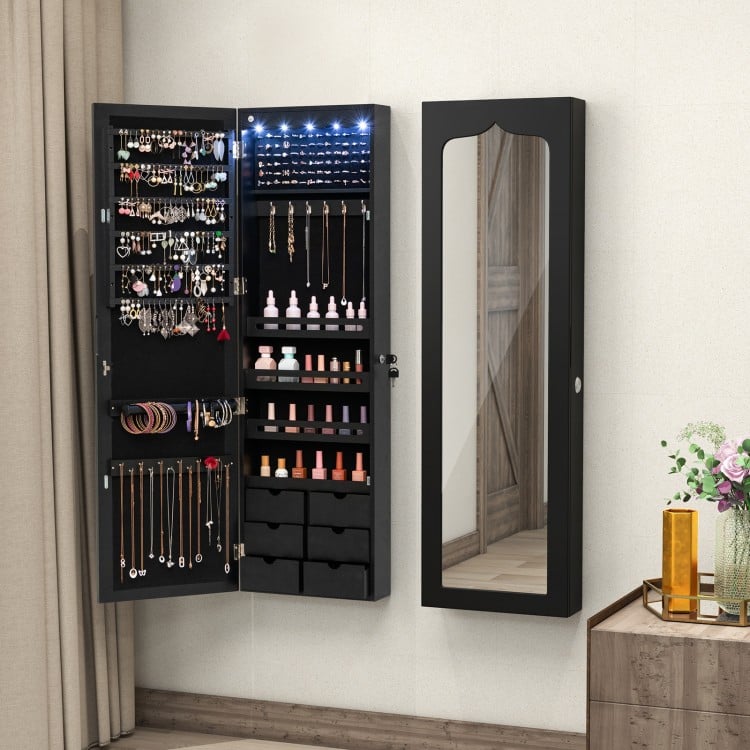 Lockable Wall Mounted Mirror Jewelry Armoire with 5 LEDs and 6 Drawers