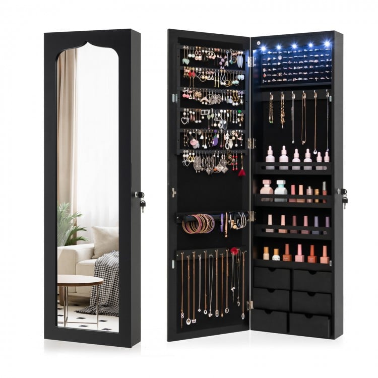 Armoire à bijoux verrouillable avec miroir mural et 5 LED et 6 tiroirs