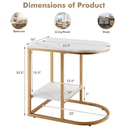 C-shaped Side Table with Faux Marble Tabletop and Golden Steel Frame-White