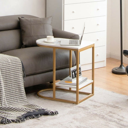 C-shaped Side Table with Faux Marble Tabletop and Golden Steel Frame-White