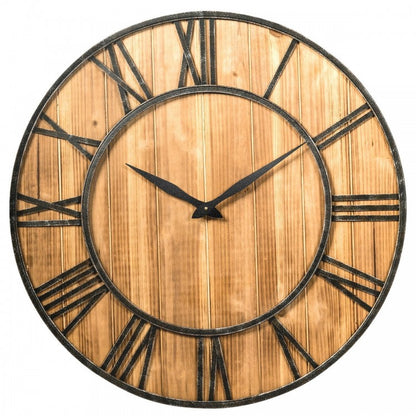 Horloge murale ronde de 30 pouces, horloge décorative silencieuse en bois avec pile - Marron