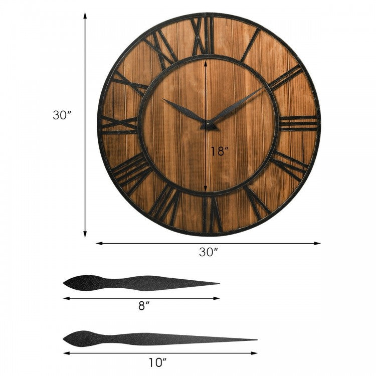 Horloge murale ronde de 30 pouces, horloge décorative silencieuse en bois avec pile - Marron