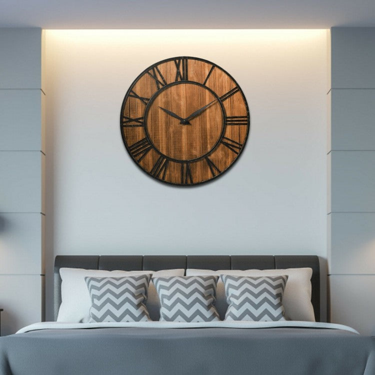 Horloge murale ronde de 30 pouces, horloge décorative silencieuse en bois avec pile - Marron