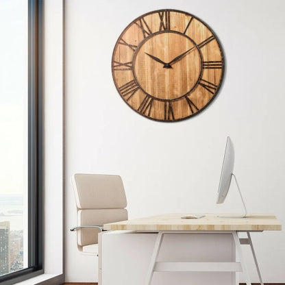 Horloge murale ronde de 30 pouces, horloge décorative silencieuse en bois avec pile - Marron